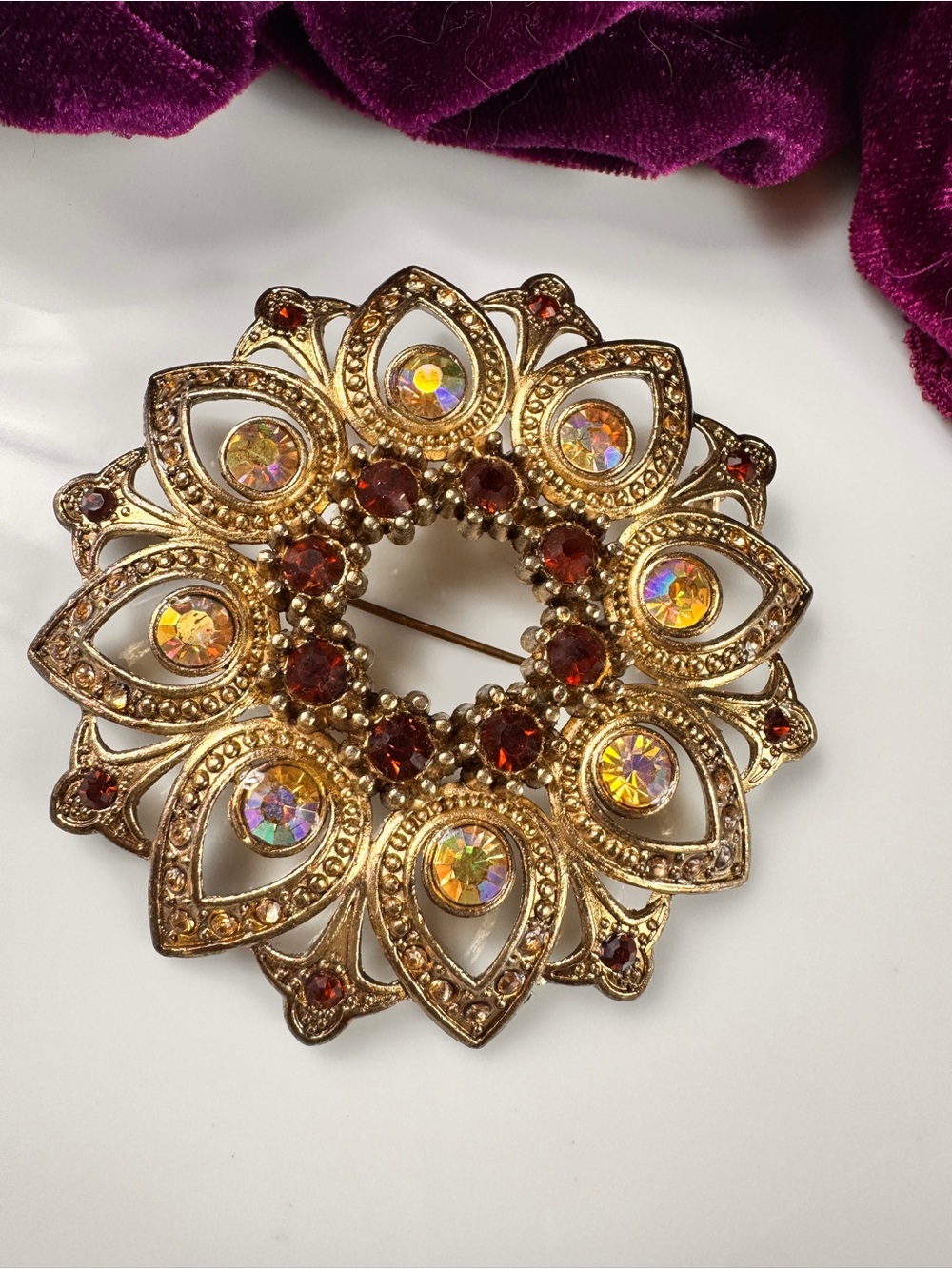 Vintage Amber & Garnet Brooch 10k GP